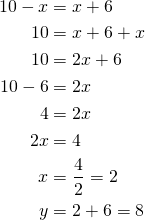  \begin{align*} 10-x&=x+6 \\ 10&=x+6+x \\ 10&=2x+6 \\ 10-6&=2x \\ 4&=2x \\ 2x&=4 \\ x&=\frac{4}{2}=2 \\ y&=2+6=8  \end{align*} 