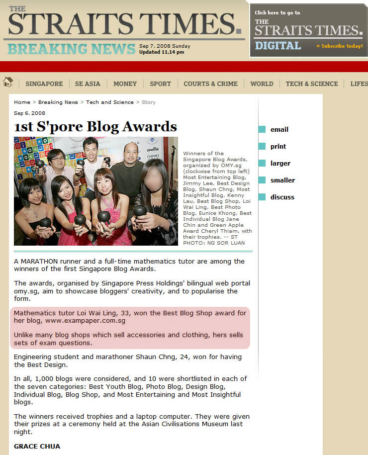 Miss Loi the O Level Math Tutor wins the Singapore Straits Times Blog Award