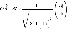 vec{OA} = 85*{1/sqrt{8^2+(-15)^2}}(matrix{2}{1}{{-8} 15})