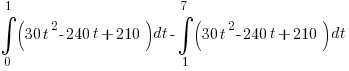 int{0}{1}{(30t^2 - 240t + 210)}dt - int{1}{7}{(30t^2 - 240t + 210)}dt