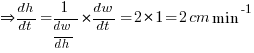 doubleright dh/dt = {1/{dw/dh}} * {dw/dt} = 2 * 1 = 2 cm min^-1