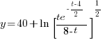 y = 40+ln { [ { te^{-{t-4}/2}}/{8-t} ]^{1/2} }